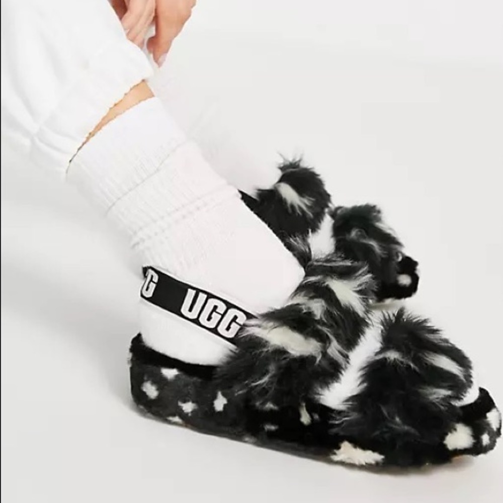 Ugg Fluff Yeah Slippers Black and White Neutral Fuzzy Sandal Slippers Size 8 - Picture 6 of 16